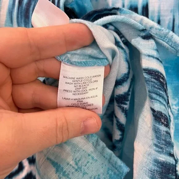 Jones New York 100% Linen Button Up Shirt M Blue Ikat 3/4 Sleeve Coastal Boho - Picture 5 of 7